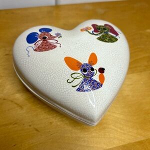 Vintage 80s Heart Shaped Kitshy Animal Print Ceramic Lidded Trinket Dish Box